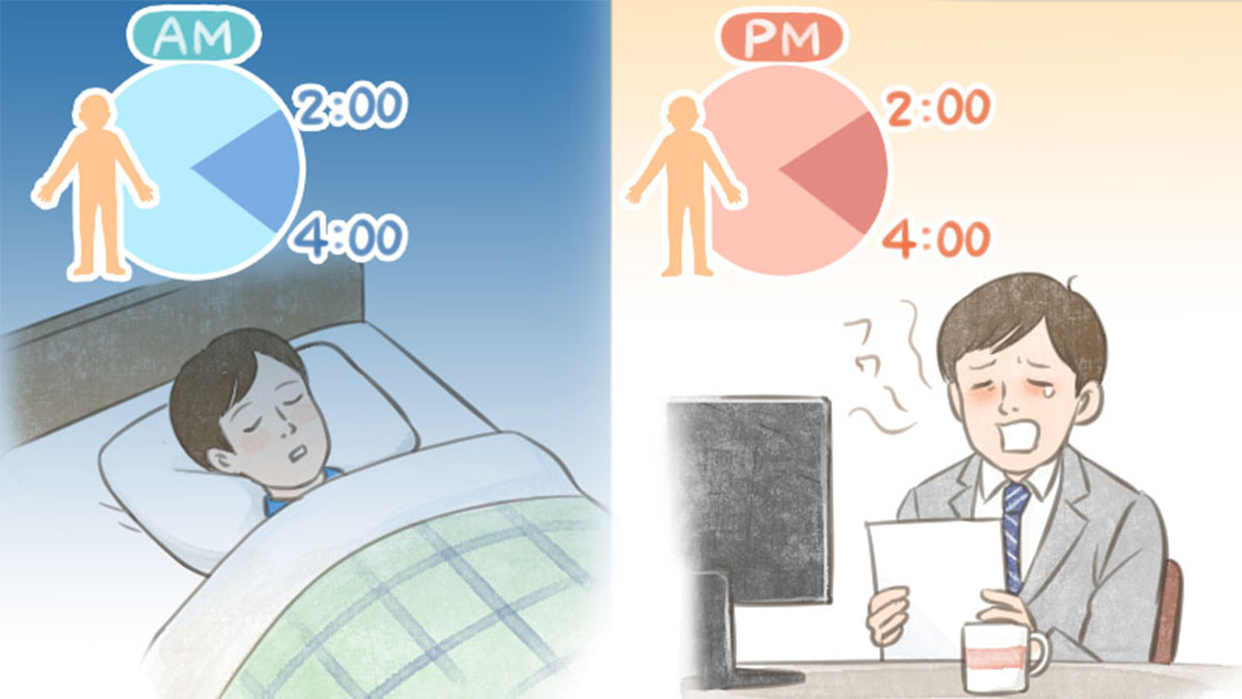 眠気の強いピークタイムは午前2〜4時、弱いピークタイムは午後2〜4時でやってくることを表すイラスト
