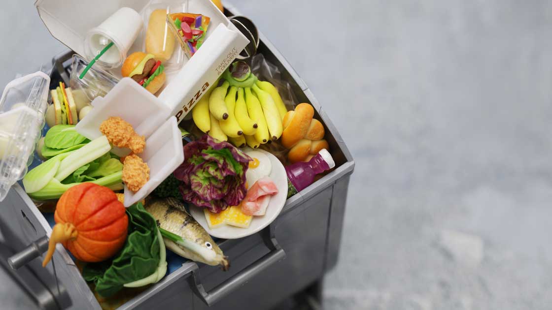 食品廃棄物であふれるゴミ箱（ミニチュア写真）