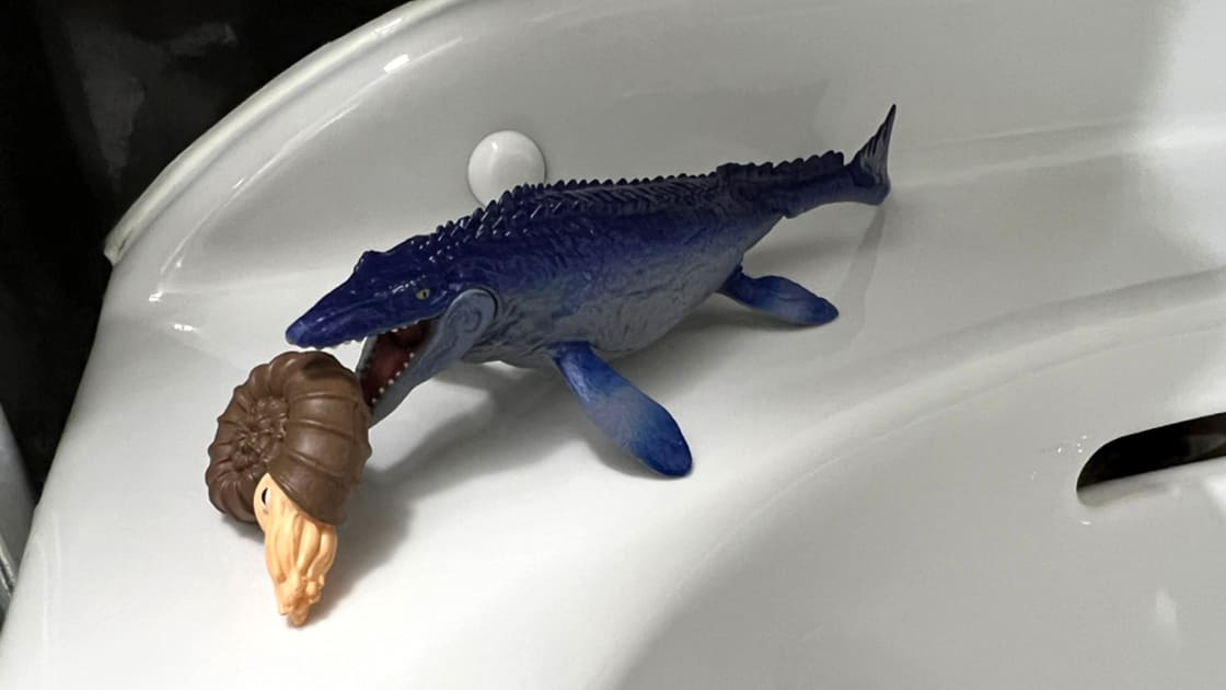 洗面台に置かれたモササウルス