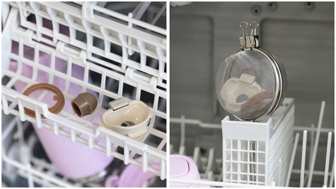 水筒の小物をカゴにセット・茶こし2つ合わせて入れる