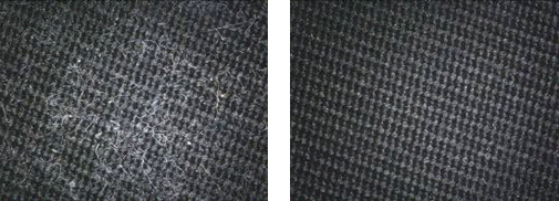 (左) 静電気防止スプレーを使用していない布 (右) 静電気防止スプレーを使用した布