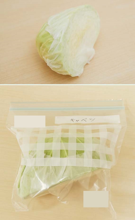 切ったキャベツは切り口から乾燥しやすいので、ぬらしたクッキングペーパーで切り口を包み、空気に触れて変色しないようにジッパー付き保存バッグに入れて密封し、野菜室で保存