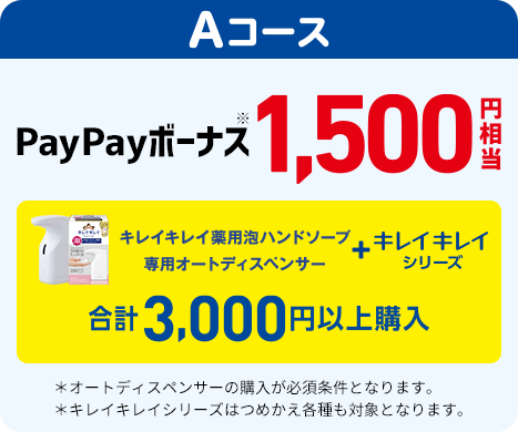 Aコース PayPayボーナス※ 1,500円相当 キレイキレイ薬用泡ハンドソープ専用オートディスペンサー＋キレイキレイシリーズ 合計3,000円以上購入 ※オートディスペンサーの購入が必須条件となります。