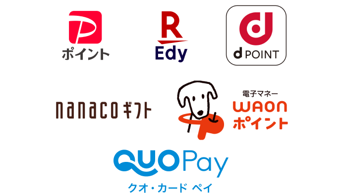 Pポイント、楽天Edy、dポイント、nanacoギフト、WAONポイント、クオ・カードペイ
