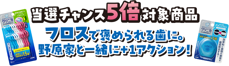 当選チャンス5倍対象商品 フロスで褒められる歯に。野原家と一緒に＋１アクション！