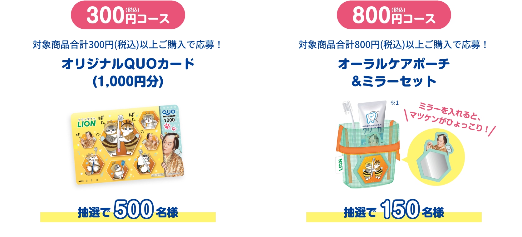 300円(税込)コース 対象商品300円(税込)以上ご購入で応募! オリジナルQUOカード(1,000円分) 抽選で500名様, 800円コース 対象商品800円(税込)以上ご購入で応募！ オーラルケアポーチ&ミラーセット 抽選で150名様