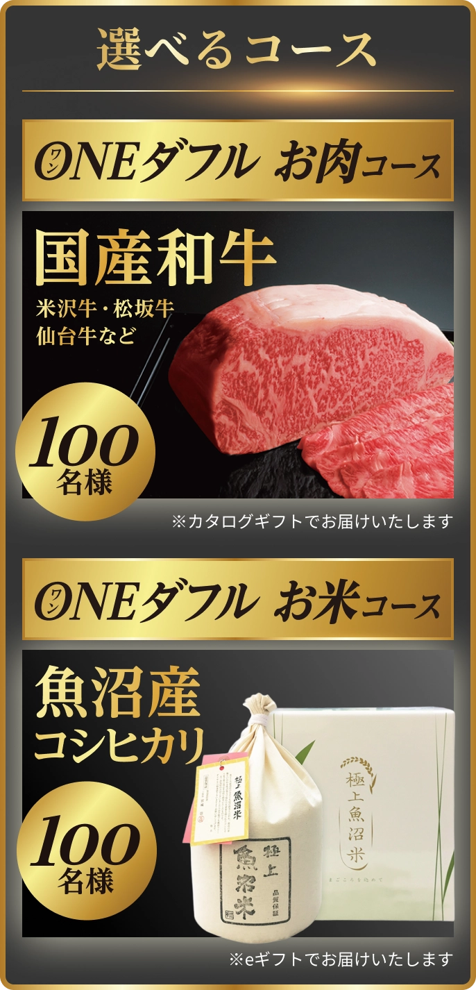 選べるコース ONEダブル お肉コース 国産和牛 100名様 ONEダブル お米コース 魚沼産コシヒカリ 100名様